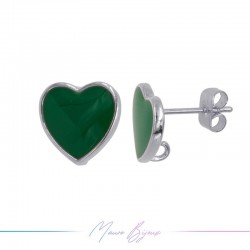 Earring enameled in Brass Silver Heart Green