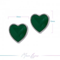 Earring enameled in Brass Silver Heart Green