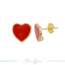 Earring enameled in Brass Gold Heart Red