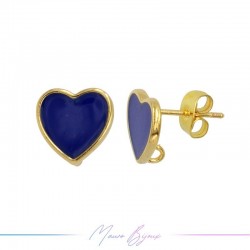 Earring enameled in Brass Gold Heart Blue