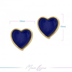 Earring enameled in Brass Gold Heart Blue