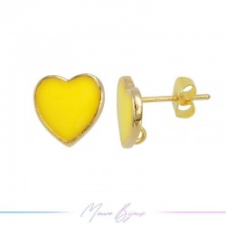 Earring enameled in Brass Gold Heart Yellow