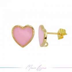 Earring enameled in Brass Gold Heart Pink