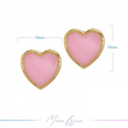Earring enameled in Brass Gold Heart Pink