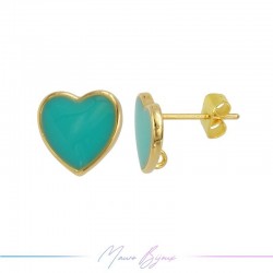 Earring enameled in Brass Gold Heart Turquoise