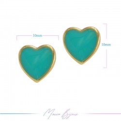 Earring enameled in Brass Gold Heart Turquoise