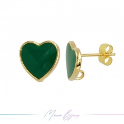 Earring enameled in Brass Gold Heart Green