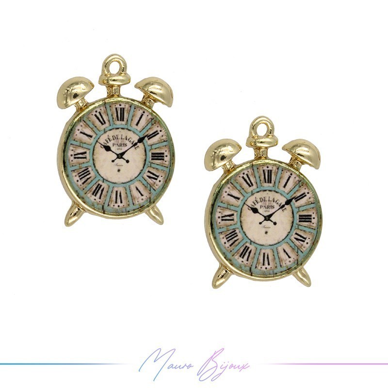 Clock Charms Enamelled Brass Pendant Green 24.3x17.2mm