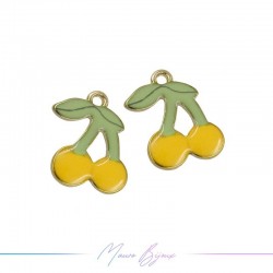 Yellow Cherry Charms Enamelled Brass Pendant 13x17mm