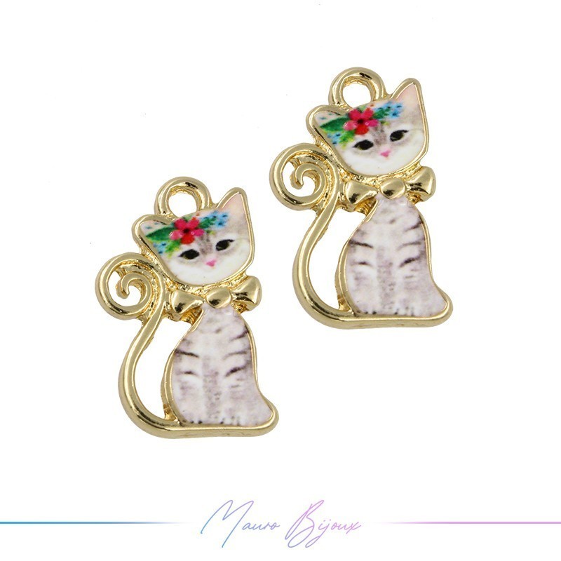 Flowered Cat D Charms Enamelled Brass Pendant 12.8x20.8mm