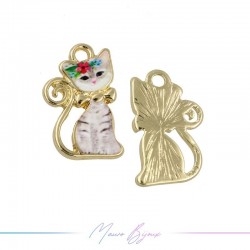 Flowered Cat D Charms Enamelled Brass Pendant 12.8x20.8mm