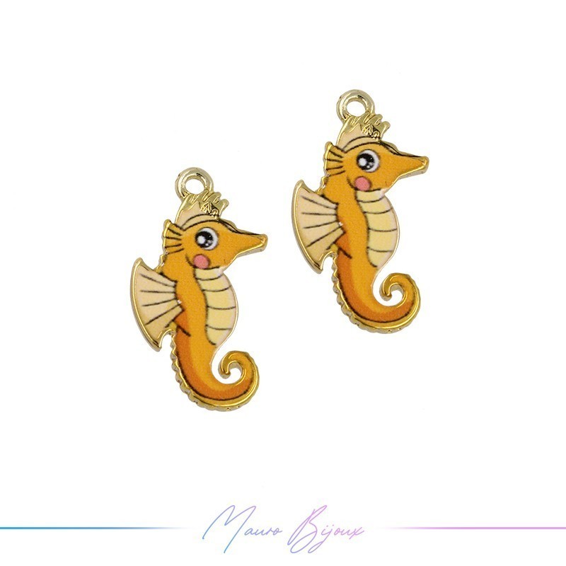Ciondoli in Ottone Smaltati Cavallucio Marino Arancione 23x13.3mm