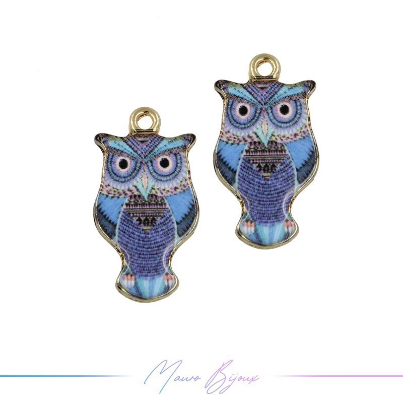 Blue Owl Charms Enamelled Brass Pendant 23x12mm