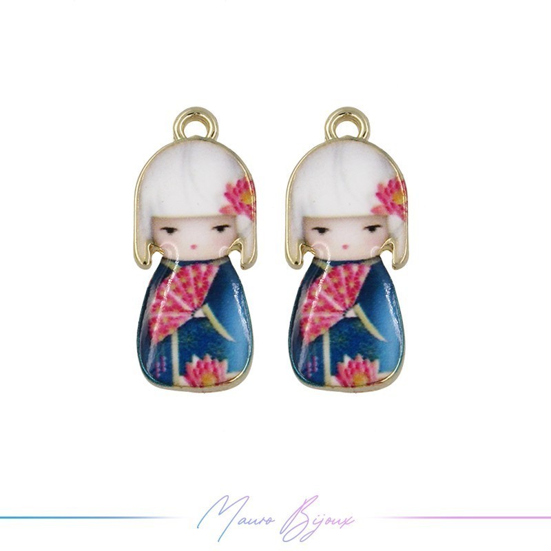 Japanese Doll Charms Enamelled Brass Pendant Blue Fuschia 9.5x22.4mm