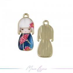 Japanese Doll Charms Enamelled Brass Pendant Blue Fuschia 9.5x22.4mm