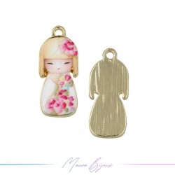 Japanese Doll Charms Enamelled Brass Pendant White Pink 9.5x22.4mm