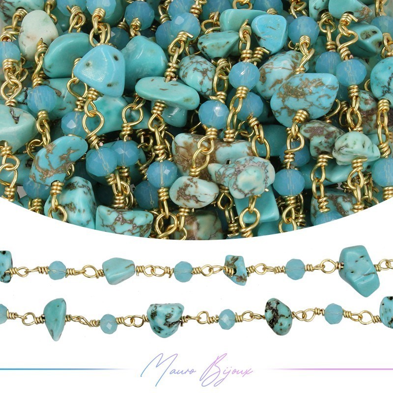 Brass Chain with Crystal Glass and Chips Turquoise Gold