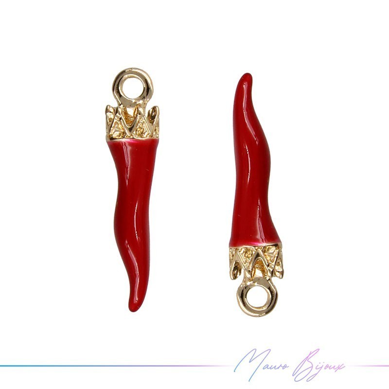 Brass Charms Enameled Horn with Crown 5x24mm Red