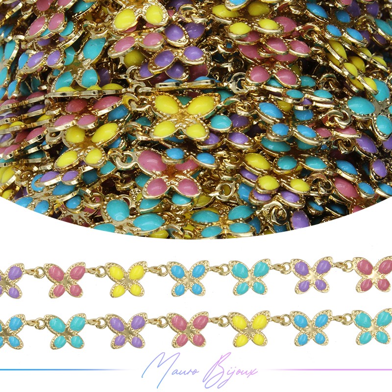 Chain Brass Gold Butterfly with enameled Multi Pantone 8mm