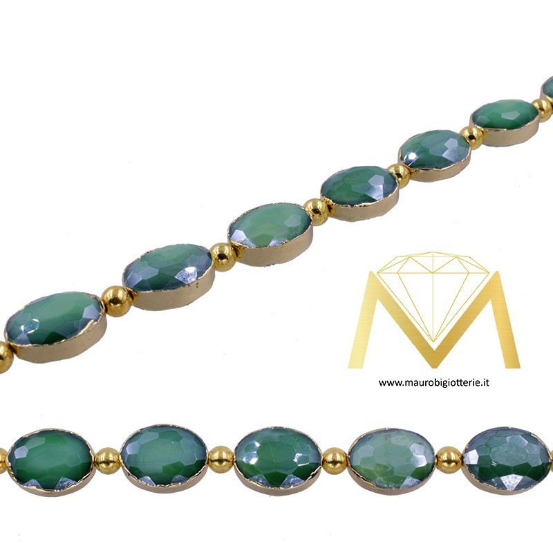 Green Oval Crystal Faceted with Gold Border