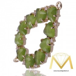 Big Olive Green Droplet Pendant with Cat's Eye and Zircon