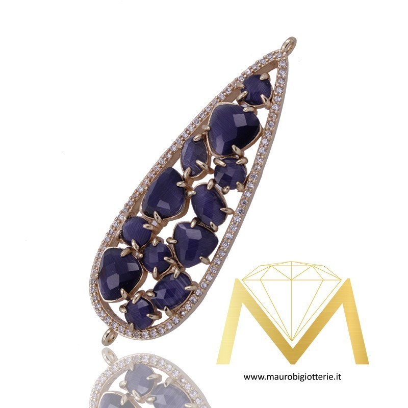 Ciondolo con Occhio di Gatto Blu Bordato con Zircone Oro Rosa