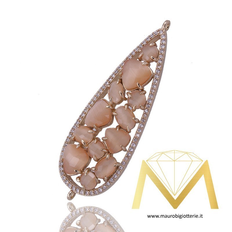 Ciondolo con Occhio di Gatto Beige Bordato con Zircone Oro Rosa