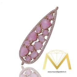 Ciondolo con Occhio di Gatto Rosa Bordato con Zircone Oro Rosa