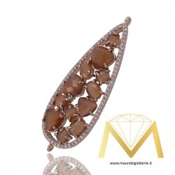 Ciondolo con Occhio di Gatto Marrone Bordato con Zircone Oro Rosa