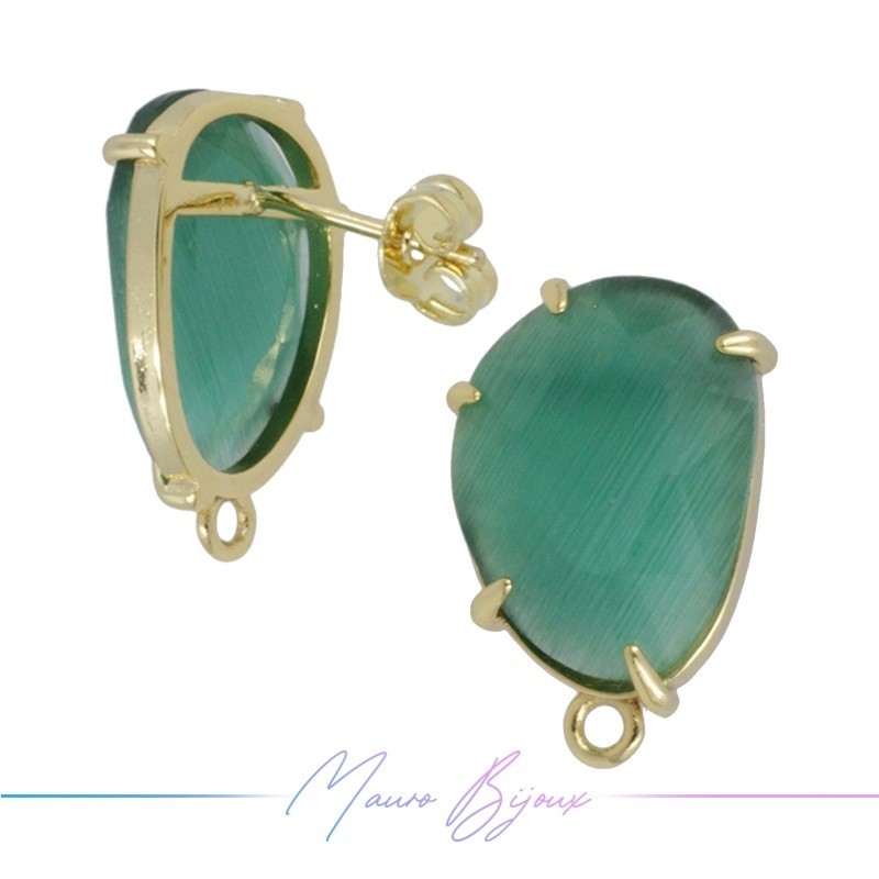 Green Cat's Eye Earrings with Gold Base Color | Bean Shape