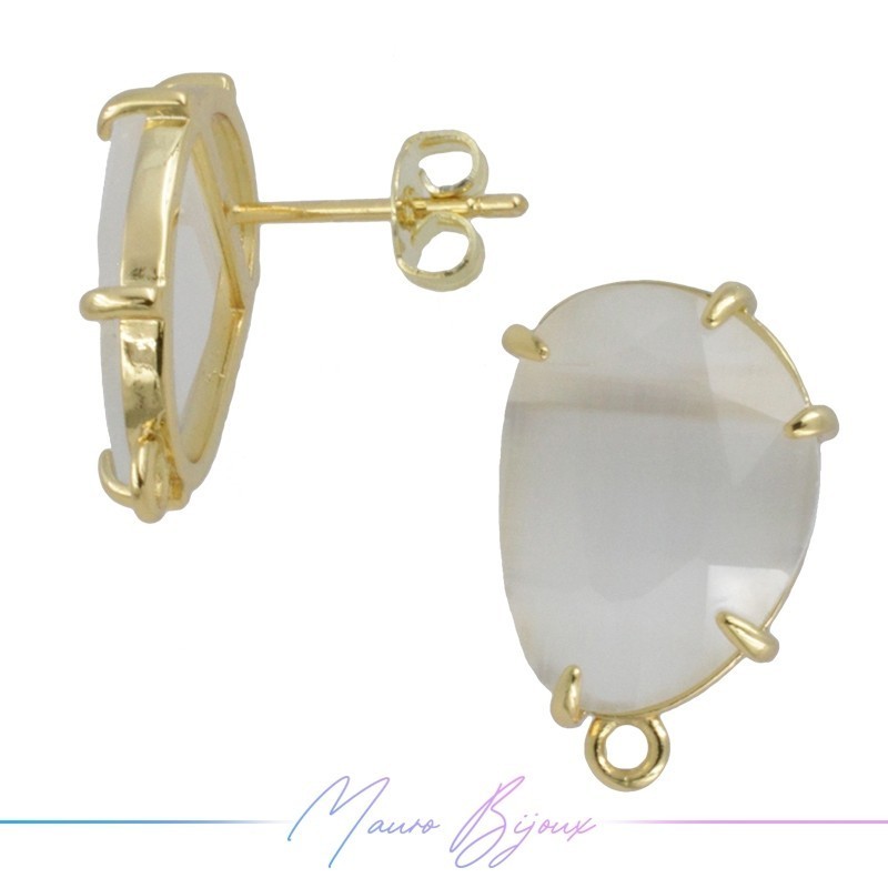 Bianco Orecchini di Occhio di Gatto con Colore Oro in Base forma Faggiolo