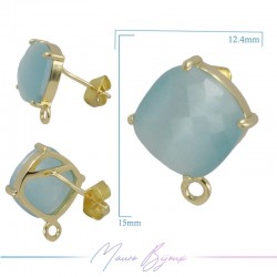 Light Blue Cat's Eye Earrings with Gold Base Color and Rhombus Shape