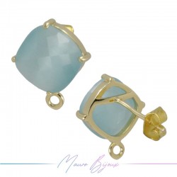 Light Blue Cat's Eye Earrings with Gold Base Color and Rhombus Shape