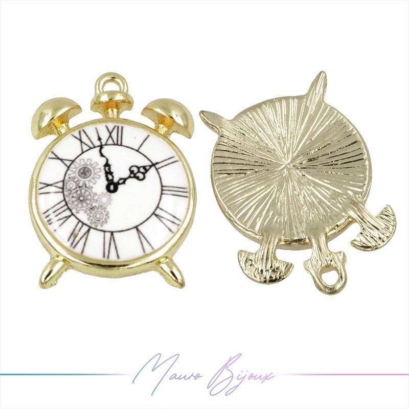 Clock Charms Enamelled Brass Pendant White 24.3x17.2mm