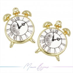 Clock Charms Enamelled Brass Pendant White 24.3x17.2mm