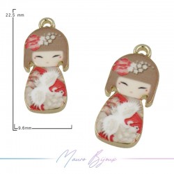 Japanese Doll Charms Enamelled Brass Pendant White 9.5x22.4mm