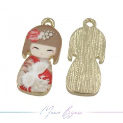 Japanese Doll Charms Enamelled Brass Pendant White 9.5x22.4mm