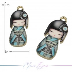 Ciondoli in Ottone Smaltati Bambola Giapponese Azzurro & Nero 9.5x22.4mm
