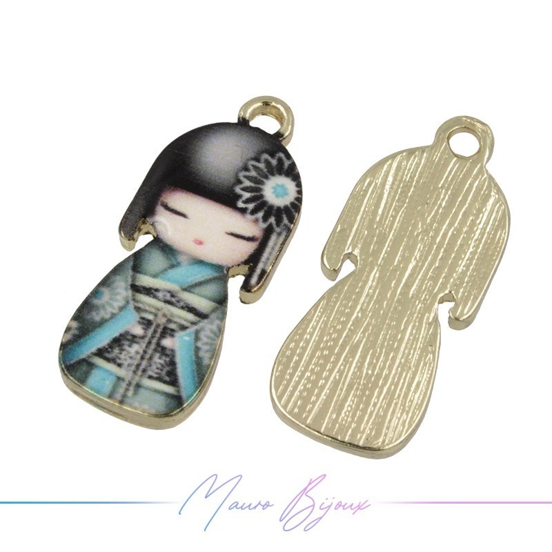 Ciondoli in Ottone Smaltati Bambola Giapponese Azzurro & Nero 9.5x22.4mm
