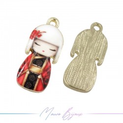 Japanese Doll Charms Enamelled Brass Pendant Black & Red 9.5x22.4mm