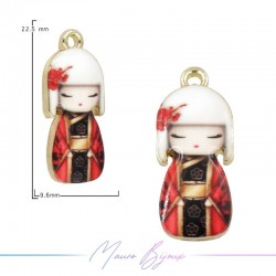 Japanese Doll Charms Enamelled Brass Pendant Black & Red 9.5x22.4mm