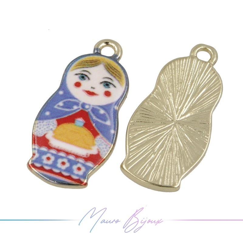 Ciondoli in Ottone Smaltati Matryoshka Blu 22.5x9.6mm
