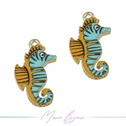 Seahorse Charms Enamelled Brass Pendant Yellow & Light Blue 23x13.3mm