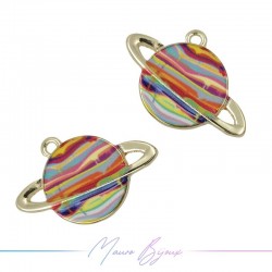 Saturn Charms Enamelled Brass Pendant Red 21.7x29.5mm