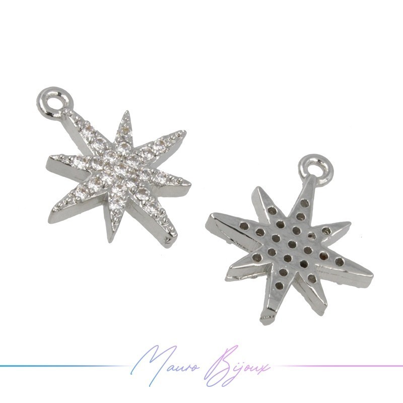 Charms Two Stars Zircon Brass Pendant Silver 13.5x11.6mm