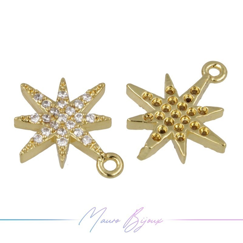 Charms Two Stars Zircon Brass Pendant Gold 13.5x11.6mm