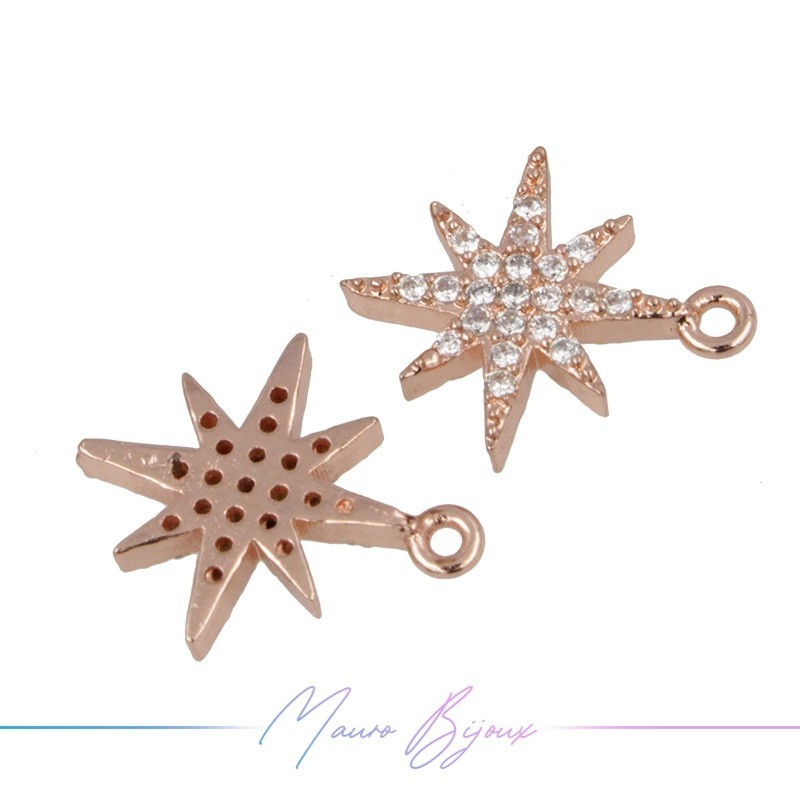 Charms Two Stars Zircon Brass Pendant Gold Rose 13.5x11.6mm