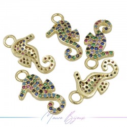 Ciondoli a Cavalluccio Marino  in Ottone con Zirconi Dorato Multicolor 11.6x22mm