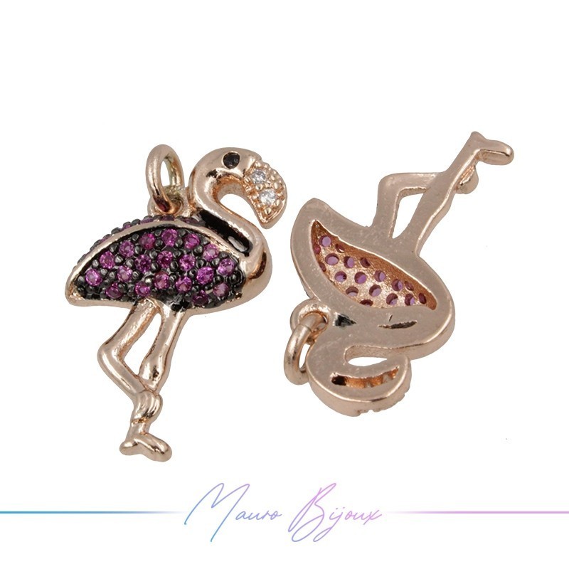 Charms Flamingos Zircon Brass Pendant Gold Rose 18.3x11mm