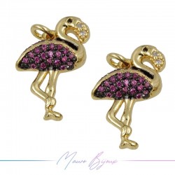 Charms Flamingos Zircon Brass Pendant Gold 18.3x11mm